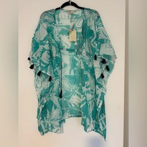 🆕 NWT Teal Floral Kimono 100% Cotton Swim Cover Up Lightweight Flow Travel Beach